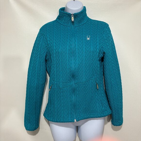 Spyder M Turquoise Blue Cable Core Full Zip Fitted Cardigan Sweater - Picture 1 of 5